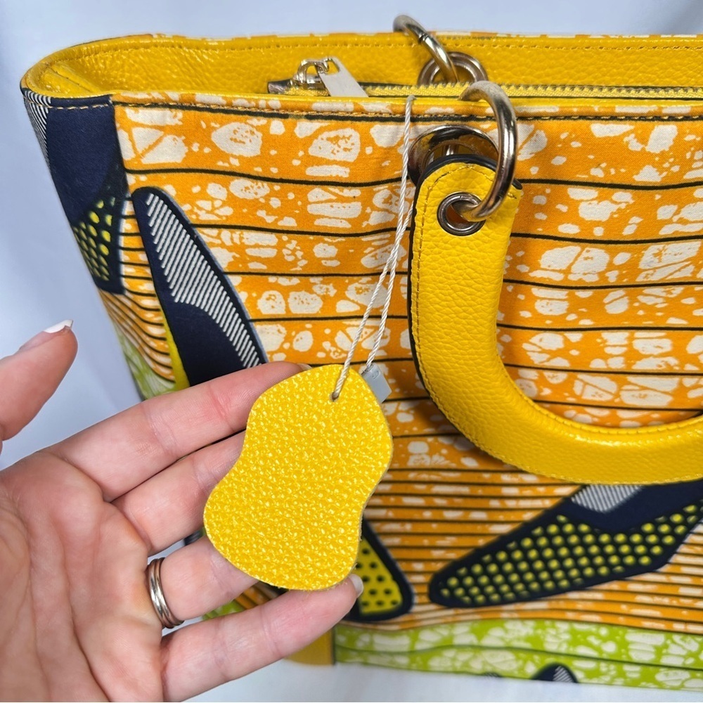 Halo & Way Ankara Wax Print Leather Tote Yellow Green Heels Bag Boho Retro Y2K - Picture 5 of 12